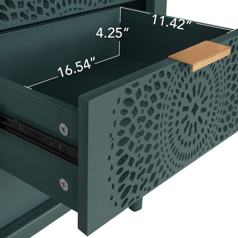 Roomfitters Hollow Carved 3 Drawer Dresser, Accent Storage Cabinet with Metal Handles, Green