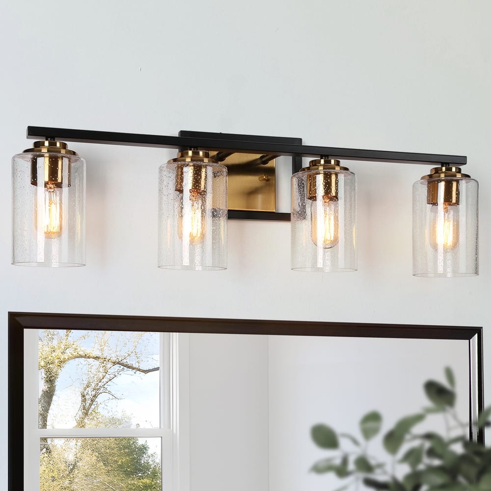 2/3/4-Light Modern Black Gold Bathroom Vanity Lights Seeded Glass Wall Sconces