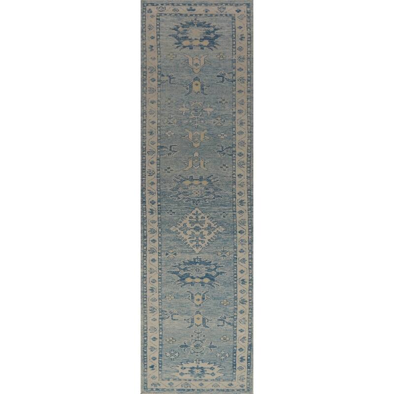 Hand Knotted Oriental 100% Wool Carpet Transitional Geometric Navy Blue & Blues Oushak Runner Rug - 14' 3'' X 2' 11''