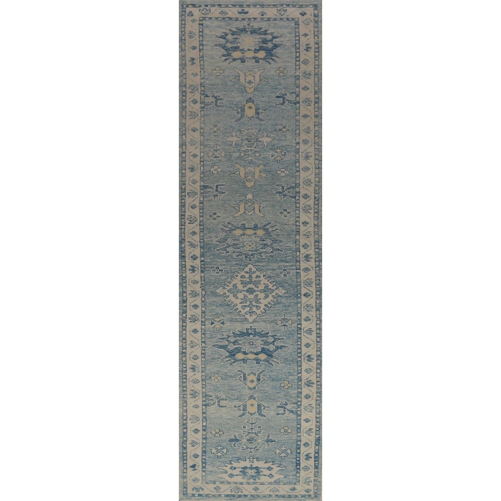 Hand Knotted Oriental 100% Wool Carpet Transitional Geometric Navy Blue & Blues Oushak Runner Rug - 14' 3'' X 2' 11''