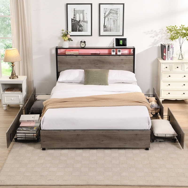 Storage Platform Bed with Charging Station & 4 Drawers