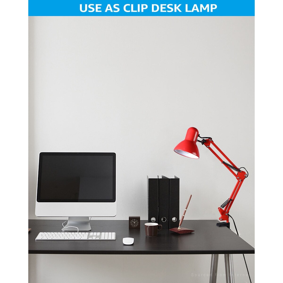 Kids Red Desk Lamp, Interchangeable Base or Clamp, Folding Metal Arm
