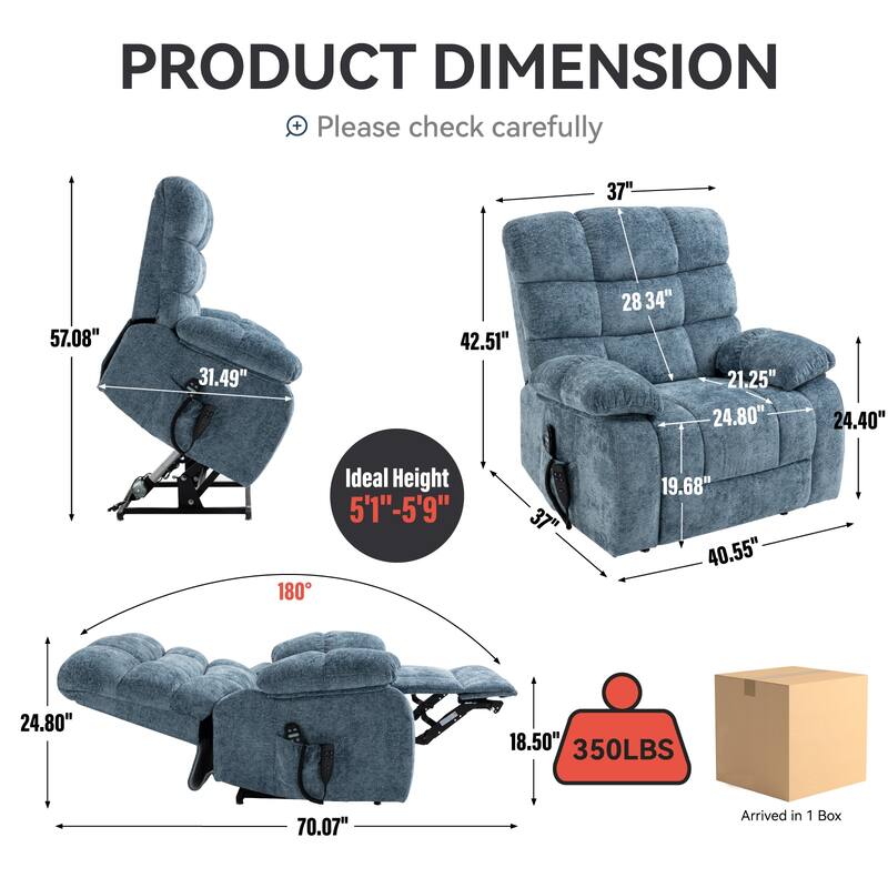 Chenille Power Lift Recliner Chair for Big and Tall with Massage, Heat, Dual Motors, and 180° Recline