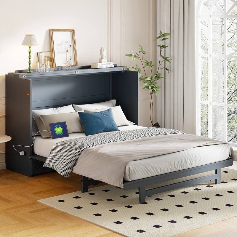 Queen Size Murphy Bed with Large Storage Drawer, USB Ports, and Outlets - Gray, Space-Saving Design