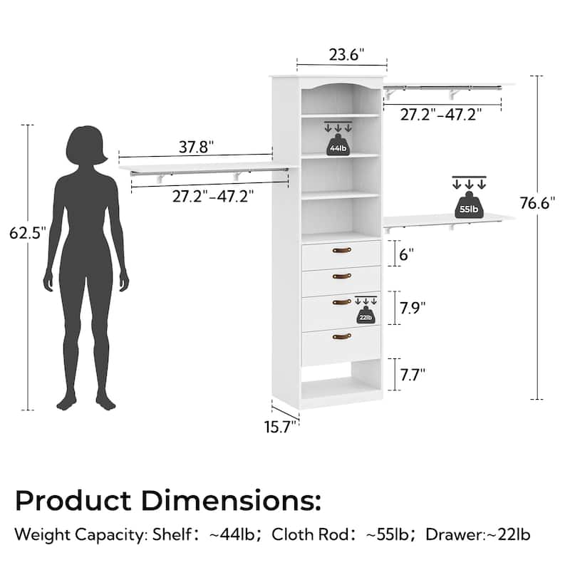 23.6"-118" W Modular Closet System, 2-9.8FT Walk-In Closet Organizer with 3 Expandable Rods and Shelves - 76.6'' H X 15.7'' D