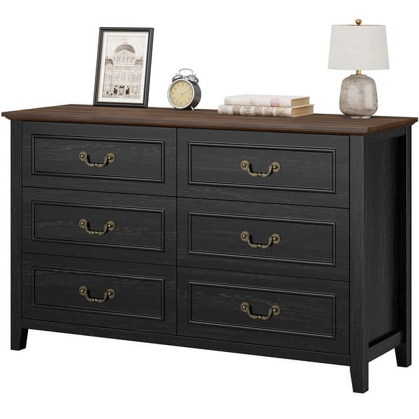6 drawer dark brown and white dresser 6-Drawer Double Dresser, Washed White Dresser for Bedroom, Chest of Drawers  with 6 Storage Drawers,TV Stand, Dark Walnut