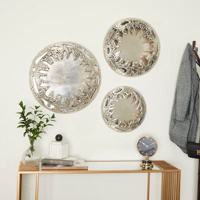 Silver Aluminum Metal Sunburst Home Wall Decor with Textured Pattern (Set of 3)
