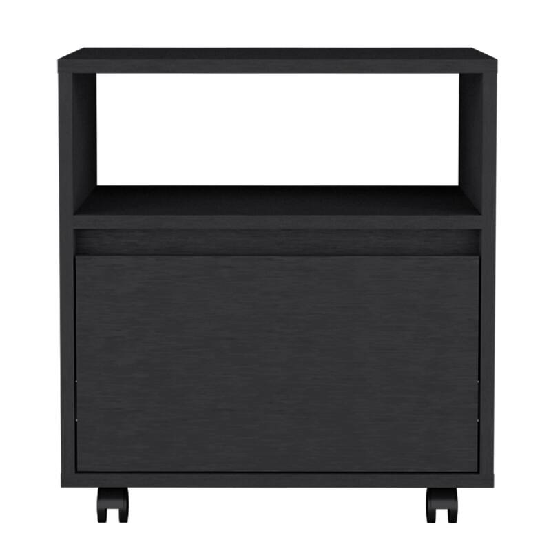 Black Nightstand with Single Drawer, Casters, and Space-Saving Design