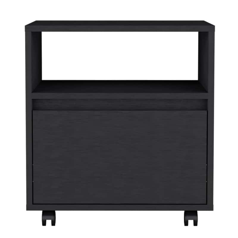 Modern Black Nightstand with Drawer and Casters, Space-Saving End Table for Bedroom or Living Room