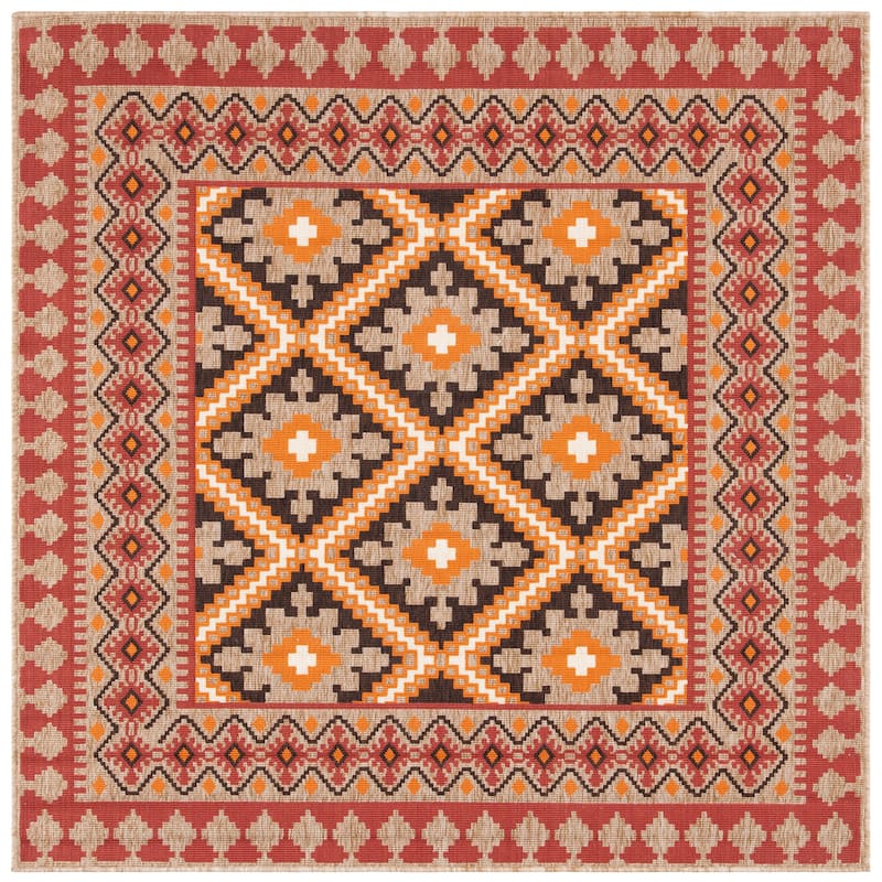 SAFAVIEH Veranda Eyvor Indoor/ Outdoor Waterproof Patio Backyard Rug - 5'3" Square - Red/Natural