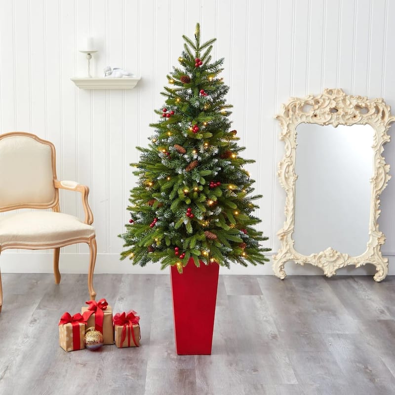 5' Potted Snow Tipped Mini Artificial Christmas Tree, Clear LED Lights - 5 Foot