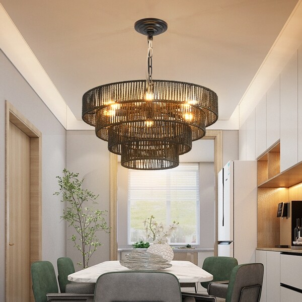 4 Tier Hemp Rope Chandelier with 6 E12 Sockets UL Listed Hardwired Pendant Light Tiered Light Fixture Bulb Not Included Black