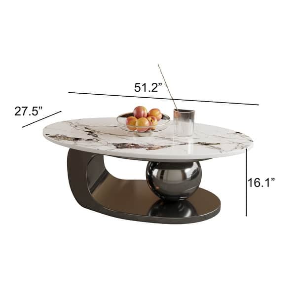 dimension image slide 0 of 3, 51" Modern Pandora Oval Coffee Table with Glossy Sintered stone top, Luxury Coffee Table, Stainless Steel Legs for Livingroom