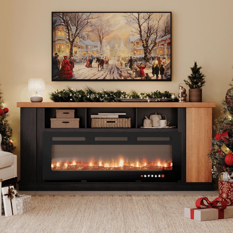 Erommy 70" TV Stand with Electric Fireplace Heater, Media Entertainment Center Console for TVs up to 80" with Storage Cabinet