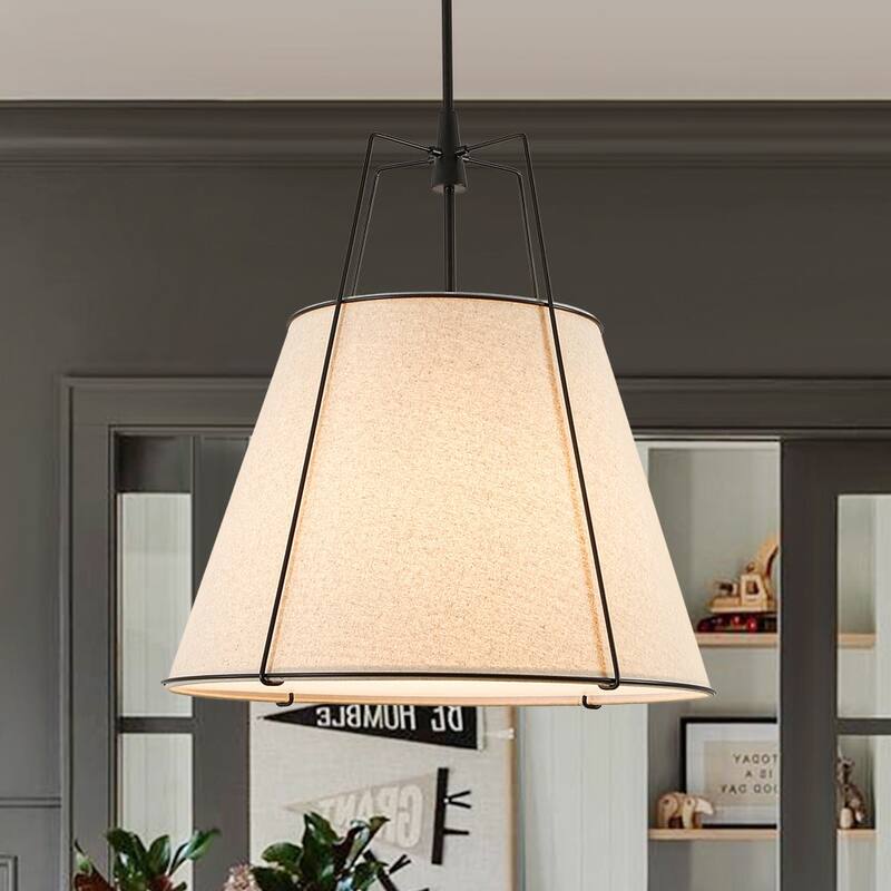 Mid Century 4-Light Conical Ivory Linen Lantern Pendant Ambient Light - 23in - Black Finish