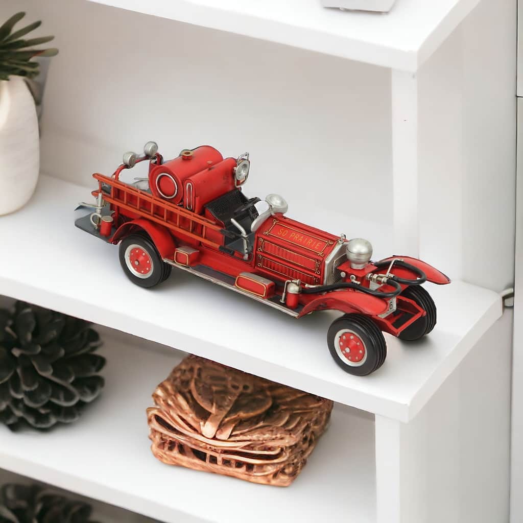 HomeRoots 6" Red and Silver Metal Hand Painted 1920's Fire Truck Model Car - 5.25' X '5.75' X '16