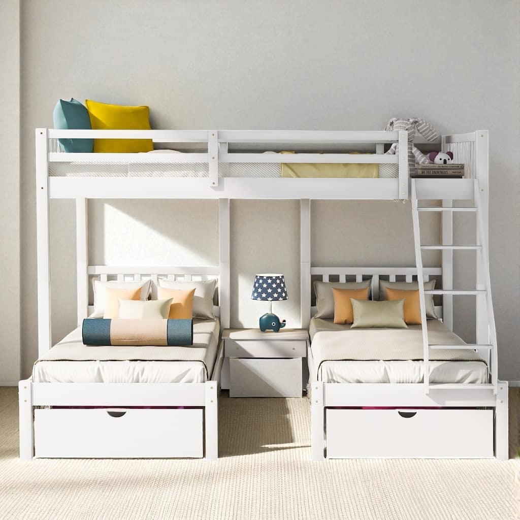 Full Over Twin & Twin Triple Bunk Bed with Drawers, Wooden 3 Beds in 1 with Guardrails and Storage