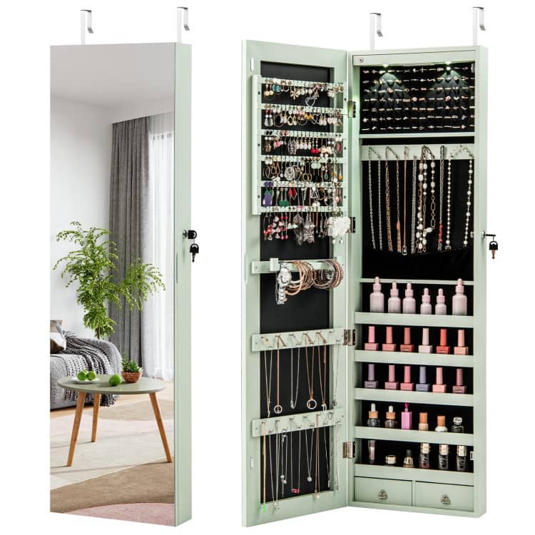 LED Lights Wall and Door Mounted Jewelry Storage Lockable Cabinet with Full Length Mirror - 14" x 4" x 54.5" (L x W x H)