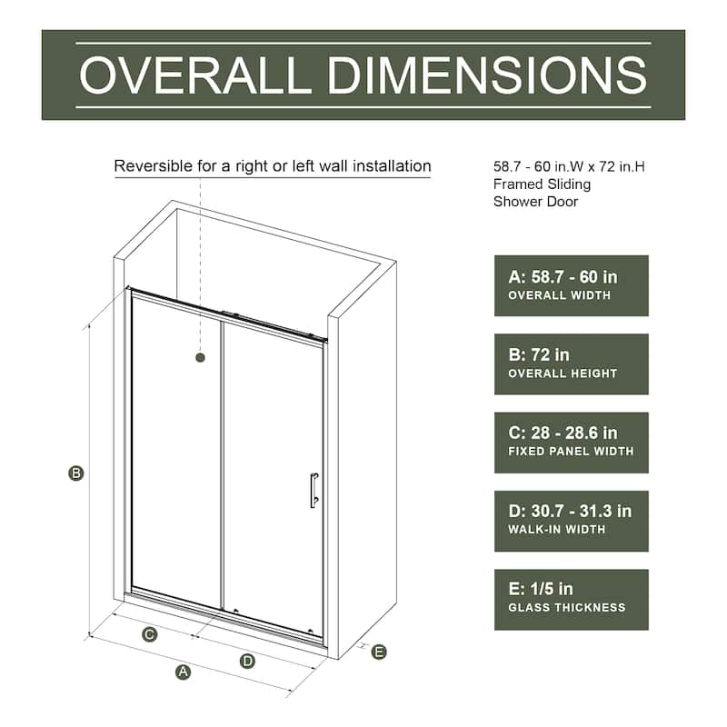 Tempered Glass Single Sliding Shower Door with 1/5" Thick and Handle