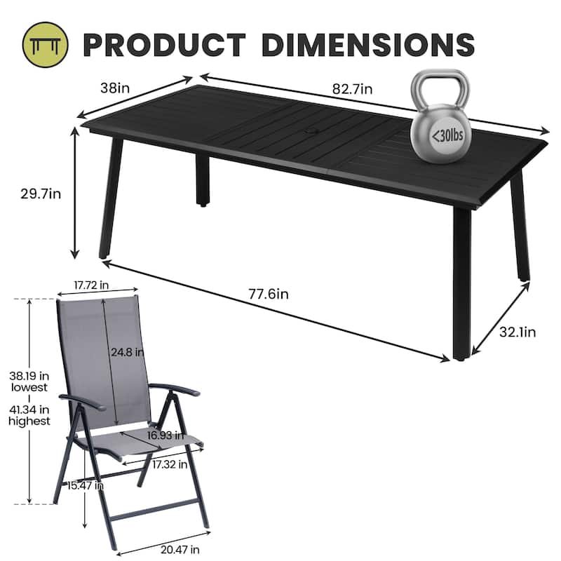 7PCS Outdoor Dining Set Aluminum Dining Table with Umbrella Hole and Adjustable Folding Chairs