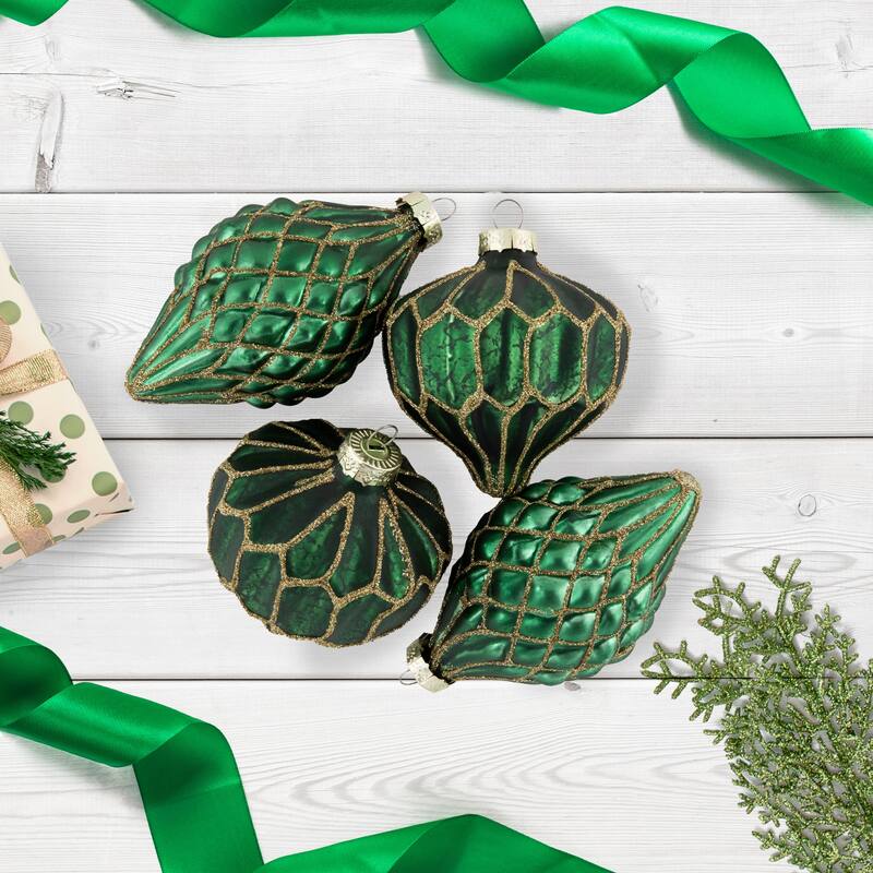 4ct Green Gold Glitter Onion Finial Glass Christmas Ornaments 4.75"