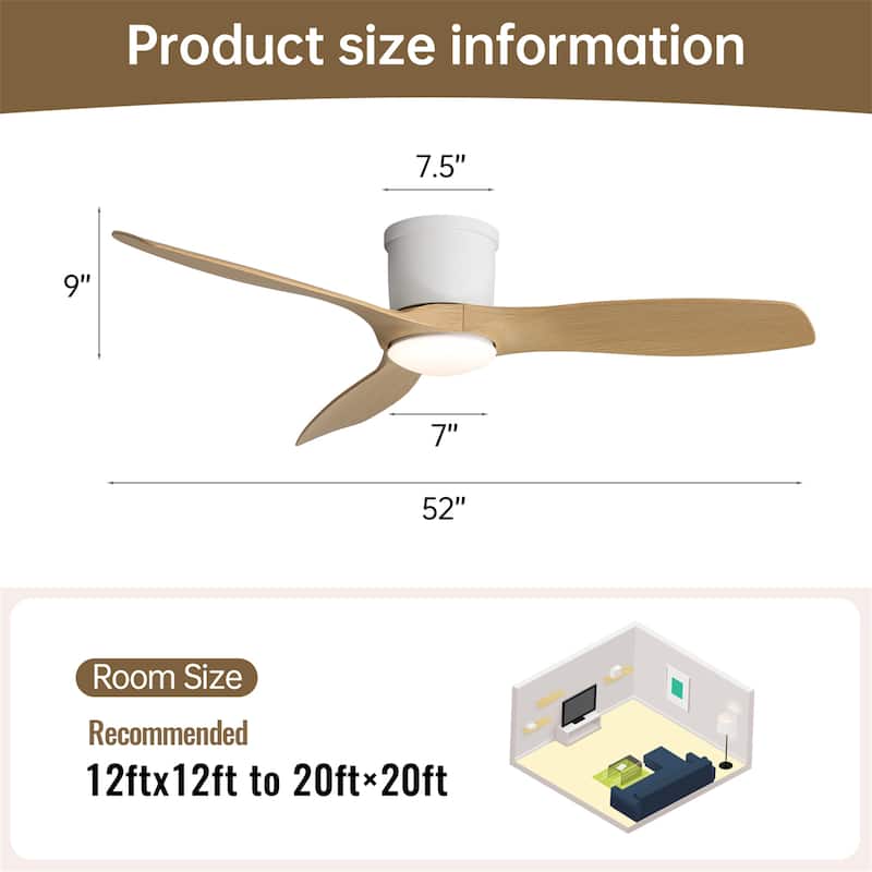 52 Inch Modern Flush Mount Ceiling Fan with Dimmable Led Light