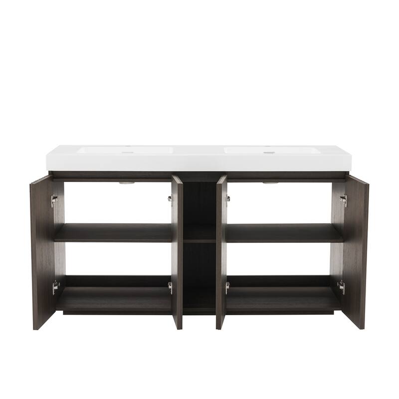 GDFStudio - Galan 60" Freestanding Bathroom Vanity with Quartz Sink, Solf Close Doors, Open Storage Shelf, NO Drain & Faucet