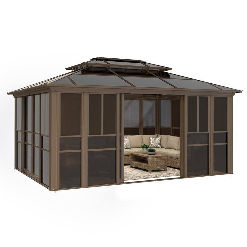 EROMMY Sunroom Gazebo with Double Roof, Adjustable Windows & Lockable Sliding Doors for Patio, Garden, and Backyard