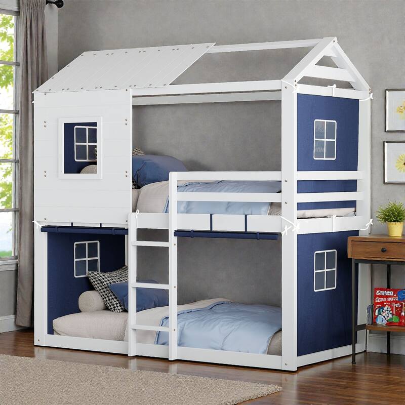 Twin/Full Wood House Bunk Bed with Tent, Playhouse Design, Windows & Roof, Solid Wood Frame, No Box Spring Required