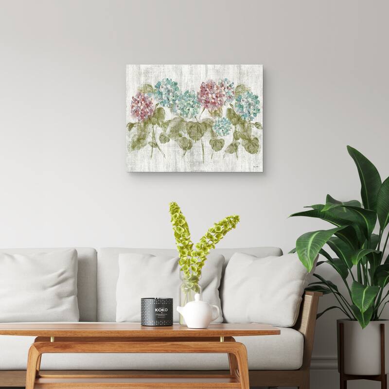 Vibrant Row of Hydrangea on Wood by Cheri Blum Canvas Art Print