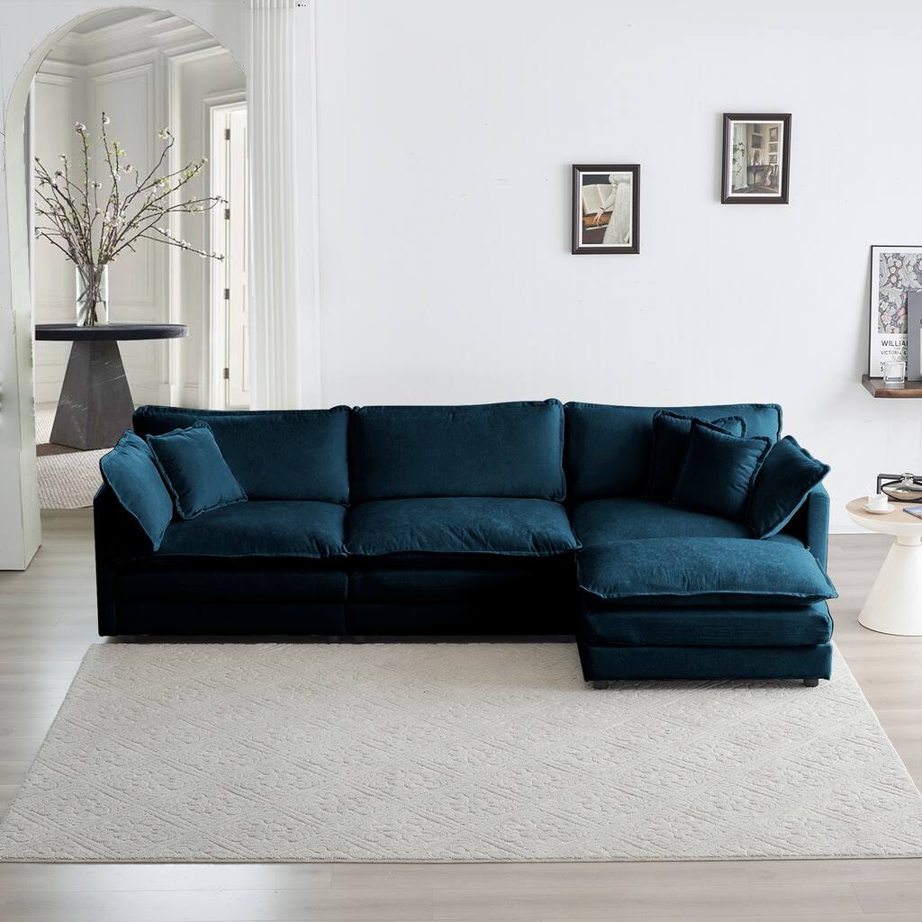 Comfortable Upholstered Modular L-Shaped Sectional Sofa, Blue Chenille with Reversible Ottoman
