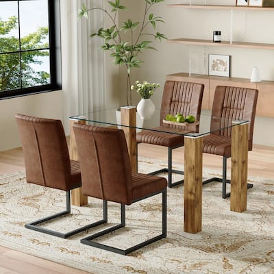 Modern Glass Top Dining Set‌– Tempered Glass Table with Wood Grain MDF Base, Paired with 4 Brown Tech Fabric Chairs