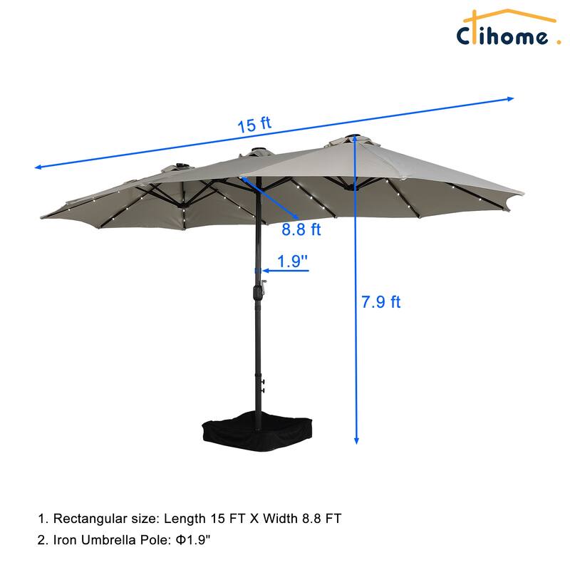 Clihome 15FT Double-Sided Solar Light Market Crank Umbrella with Base