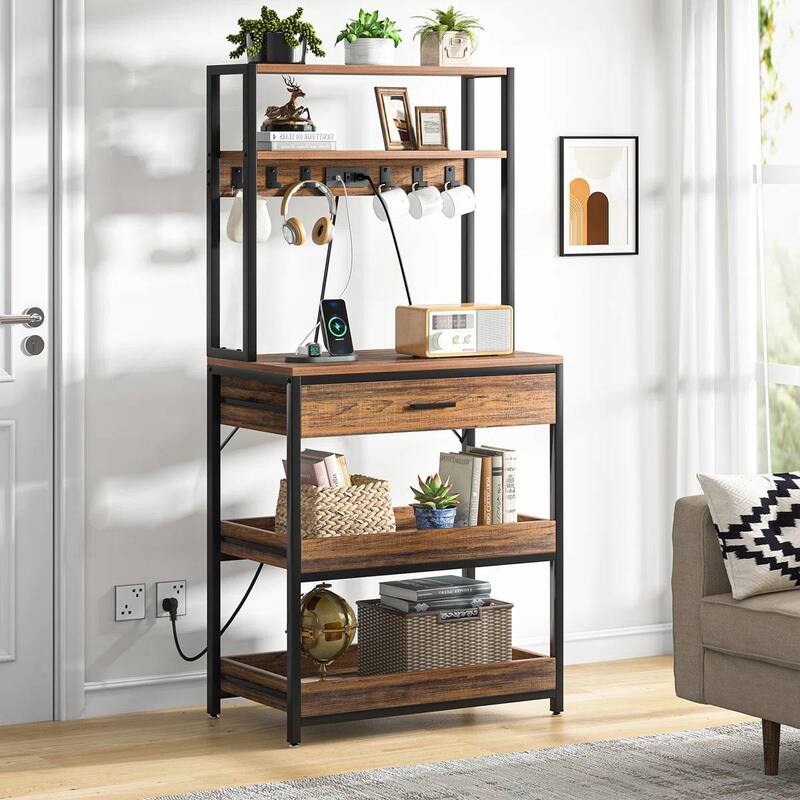 3-Shelf Kitchen Baker’s Rack with Drawers Pull-Out Shelf Microwave Storage and Steel Frame - 64.96”H x 31.50" W x 15.75”D