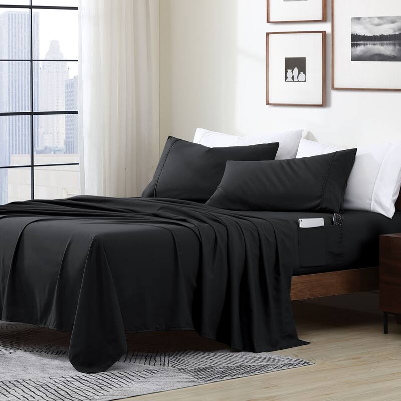Home Essential Soft Microfiber Smart Sheet Storage Pocket Bedding Sheet Set - Twin XL - Black