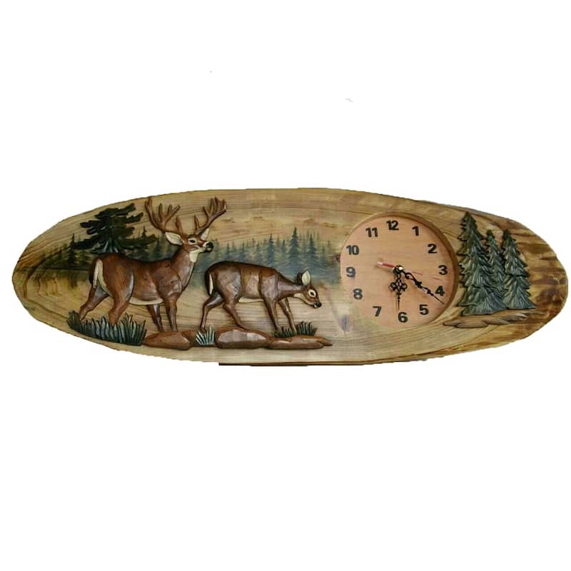 Deer Family Hand Crafted Intarsia Wood Art Wall Clock 13 X 32 X 3 - 30 X 11 X 2 inches