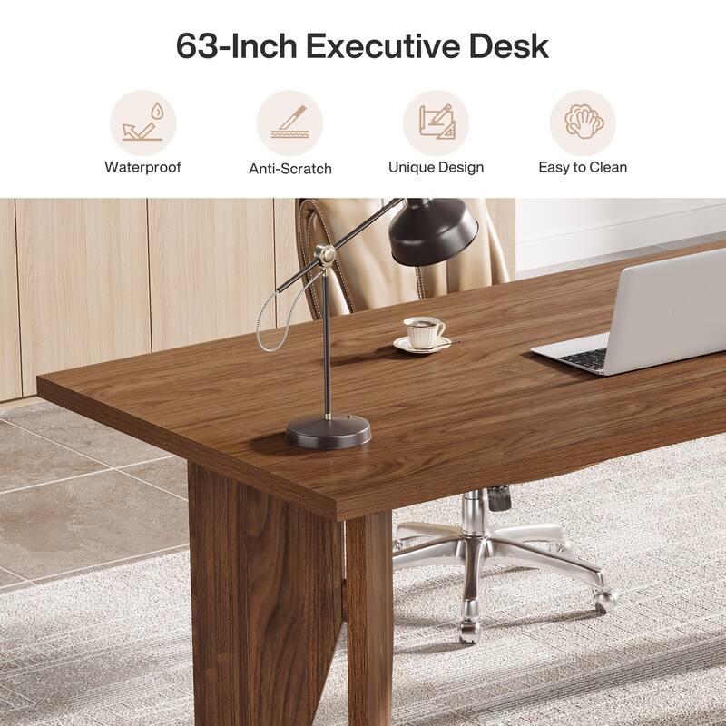 63" Executive Desk, Farmhouse Office Computer Desk with Sturdy Legs