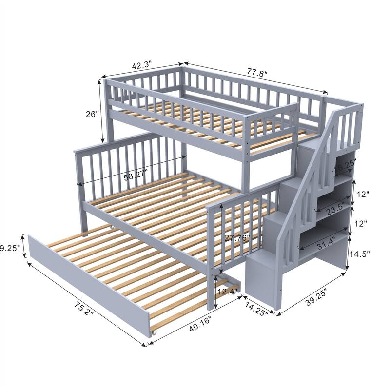 Gray Twin over Full Stairway Bunk Bed with Trundle and Storage