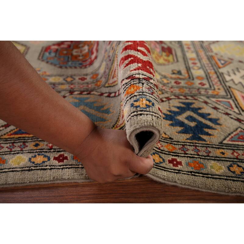 Geometric Kazak Area Rug Living Room Handmade Wool Carpet - 5'7" x 7'10"