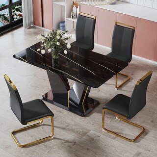 5pcs Dining Set, Rectangular Table Set, 0.4" Thick with a Black Marble ...