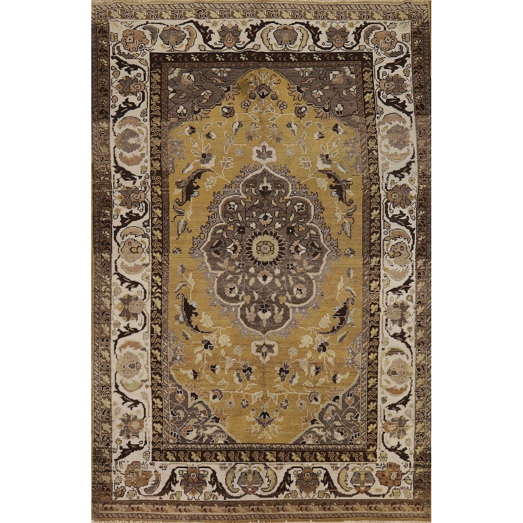 Gold Vegetable Dye Mashad Antique Persian Rug Handmade Wool Carpet - 5'3" x 8'3"