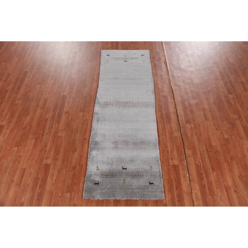 Hand Knotted Oriental 100% Wool Carpet Tribal Animal Pictorial Greys & Charcoal Gabbeh Runner Rug - 7' 9'' X 2' 7''