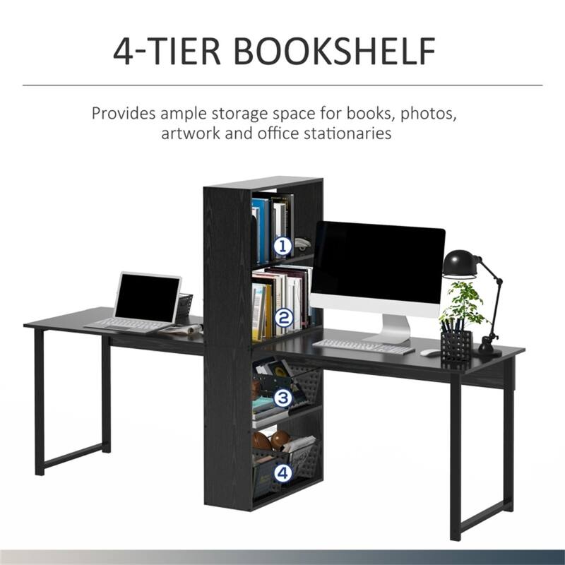 Particleboard Steel Dual Work Desk with 4-Tier Bookshelf