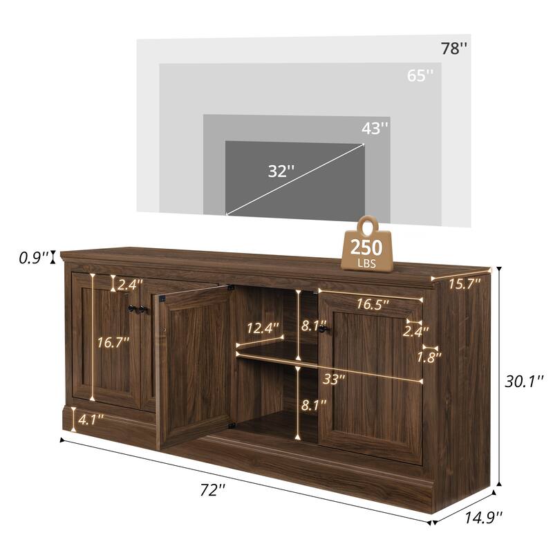 72 Inch Sideboard with Storage Cabinets, Minimalist TV Stand for Living Room, Entryway & Pantry, Dark Walnut