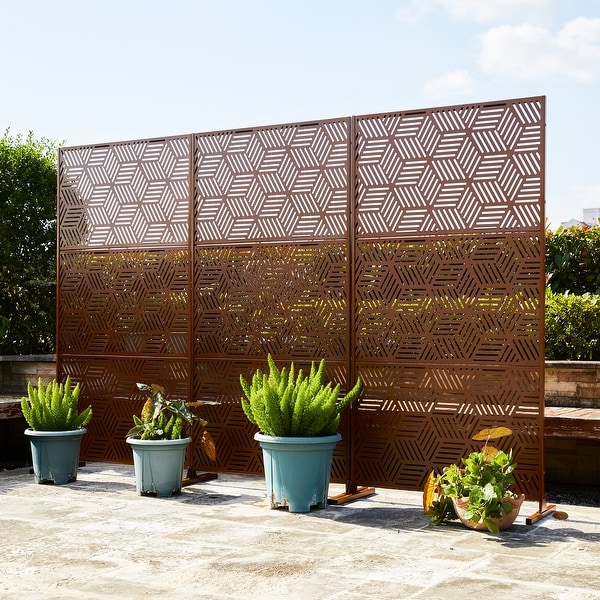 Glitzhome 6ft Galvanized Floral Patterned 3-Panel Privacy Screen