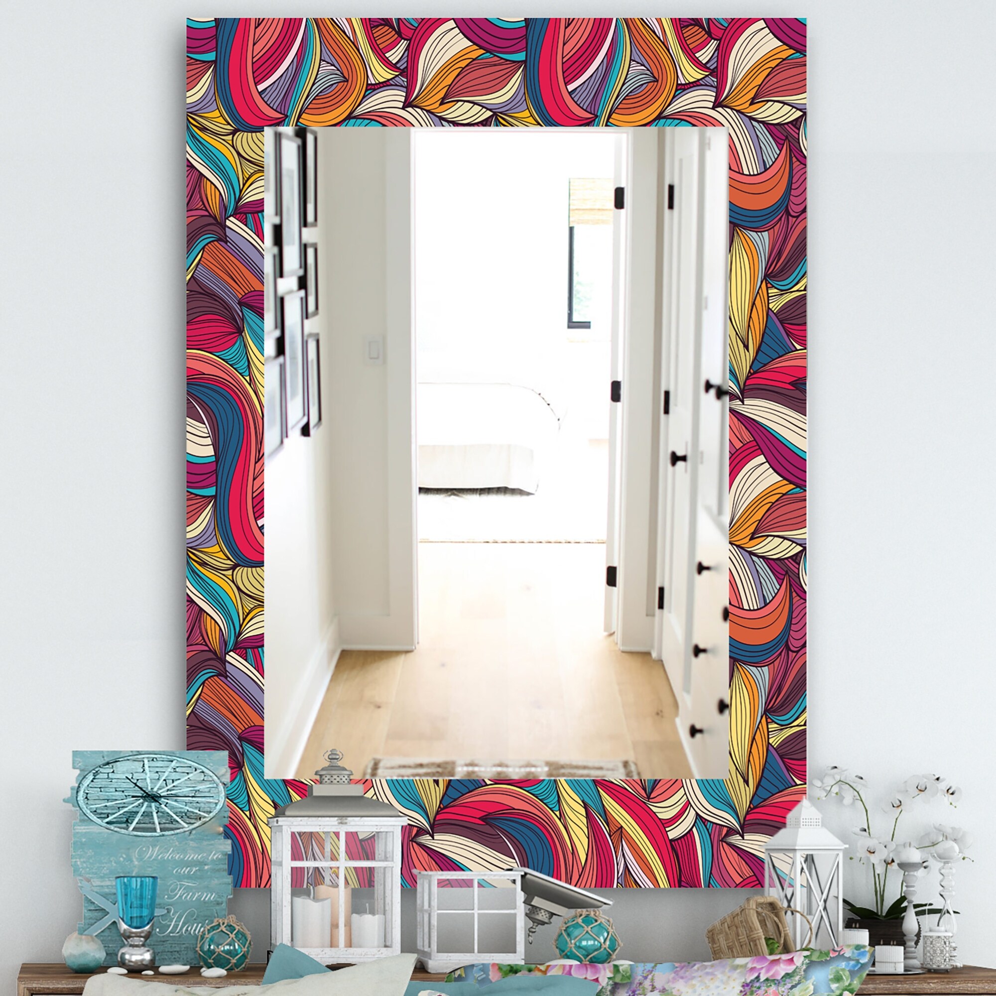 鏡 Wall Mirror Marika Designart 'Colorful Wave Hand' Bohemian and Eclectic Mirror