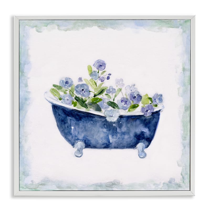 Stupell Charming Blue Bathtub Botanical Floral Design Watercolor Border Framed Wall Art - White - 12 x 12 - White