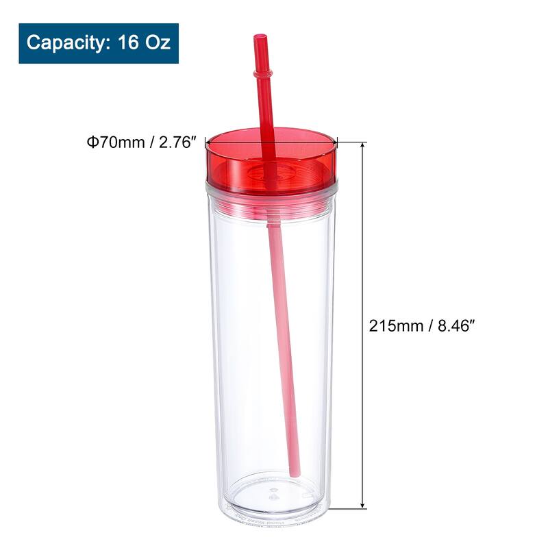 Skinny Acrylic Tumbler with Lid and Straw, 16 Oz Double Wall Cups - Orange Red
