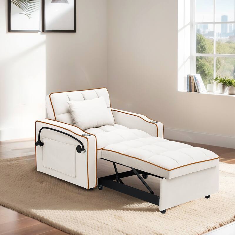 Velvet Convertible Single Sofa Chair Bed With Adjustable Backrest And Storage Pocket - White/USB Port