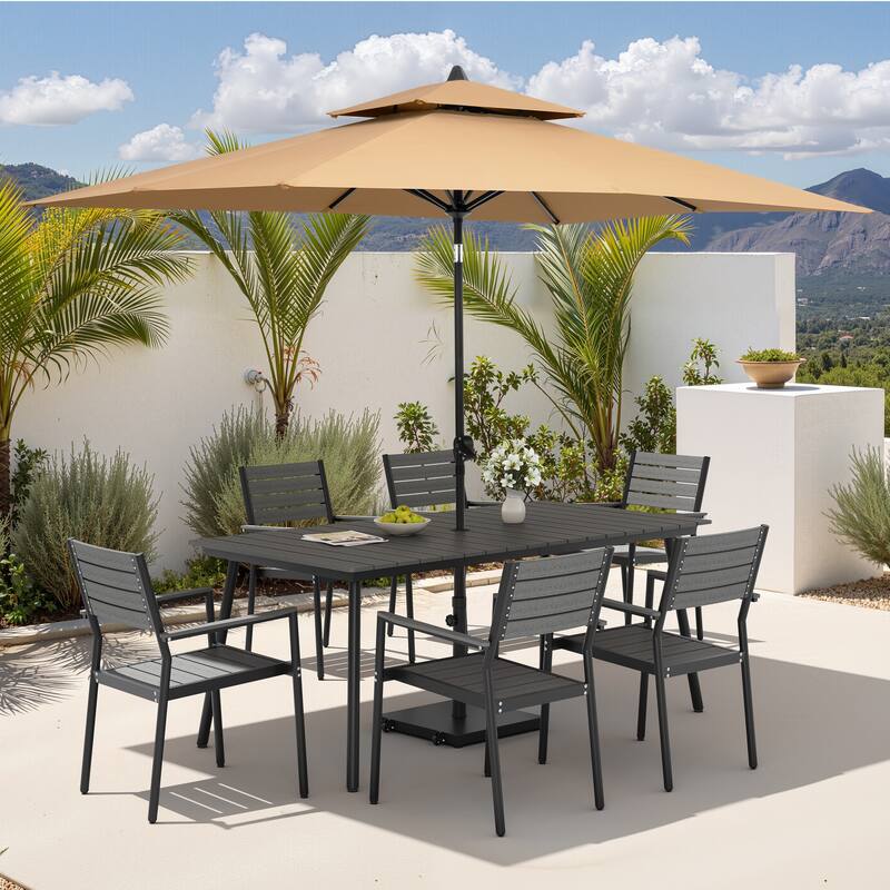 9PC Outdoor Patio Dining Set Aluminum Table with Stackable Armchairs w/ Premium Market Umbrella Sets - GreyTable&GreyChairs&TanUmbrella